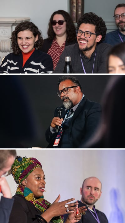 A series of three photos. The first shows two people sitting in a seminar room, smiling as they look to the front of the room. The second shows Atif, a brown man with glasses and a grey beard, holding a microphone as he talks on a stage. The third shows Marcia, a black woman wearing a brightly coloured headwrap, talking animatedly as two other people sit and listen to her.